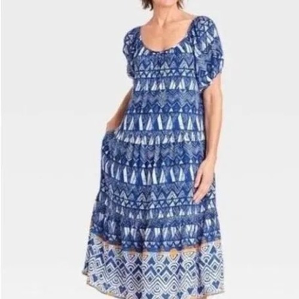 Knox Rose Blue Geometric Tribal Print Tiered Midi Dress XXL NWT Boho Smocked